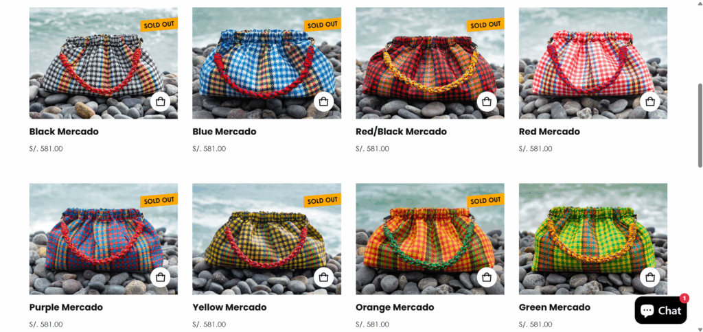 Captura tomada de la página eccomerce de Alirapp en la sección de su colección Mercado Bags en colaboración con Meche Correa