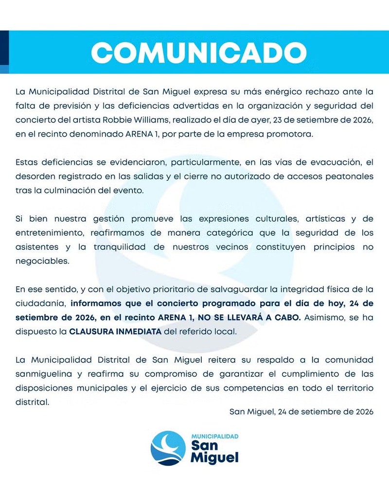Comunicado de la Municipalidad de San Miguel sobre la postergación del segundo concierto de Robbie Williams en Lima.Fuente: Municipalidad de San Miguel